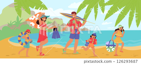 Happy family with touristic accessories going to sand beach enjoying summer vacation cartoon scene 126293687