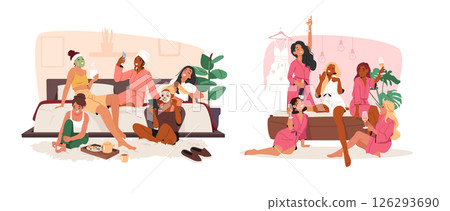 Girls happy friends enjoying home pajama party having fun celebrating holiday together cartoon scene 126293690