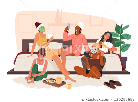 Young women gathering together on pajama party sharing gossips enjoying cosmetics procedure scene 126293692