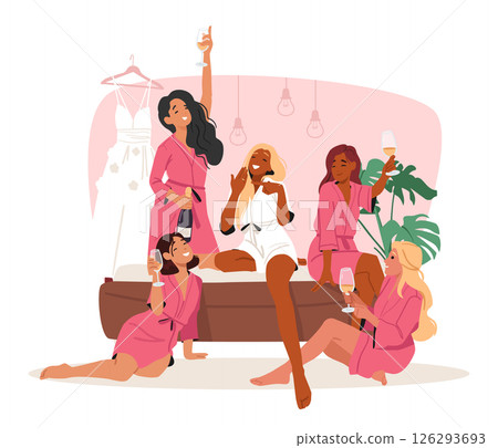 Young bride with girls friends celebrating marriage enjoying home pajama party cartoon scene 126293693