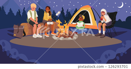 Happy friends enjoying hiking adventure having rest at nature camp at night vector illustration 126293701