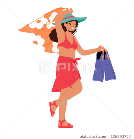 Young woman cartoon character feeling happy and excited rejoicing summer vacation on tropical beach 126293703