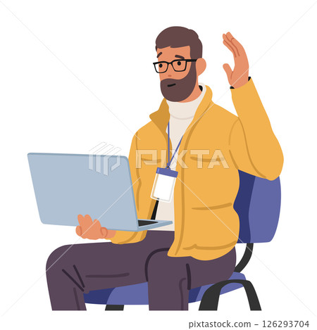 Man computer geek cartoon character sitting with raised hand ready to ask question isolated on white 126293704