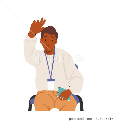 Boy student cartoon characters sitting with raised hand at career guidance seminar isolated on white 126293716