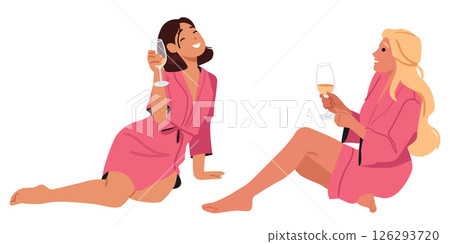 Two women best friends in fashion bathrobe drinking champagne and gossiping isolated on white 126293720