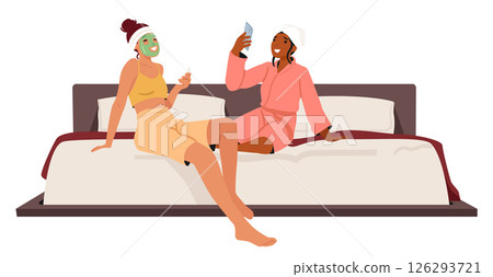 Two women best friends cartoon character enjoying spa procedure celebrating pajama party at home Two women best friends cartoon character enjoying spa procedure celebrating pajama party at home 126293721