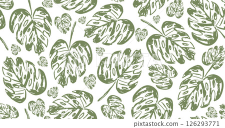 Botanical dark green seamless pattern with big and small hand drawn textured tropical monstera leaves. Exotic rainforest plants texture print for textile, wrapping paper, surface design, background Botanical dark green seamless pattern with big and small hand drawn textured tropical monstera leaves. Exotic rainforest plants texture print for textile, wrapping paper, surface design, background 126293771