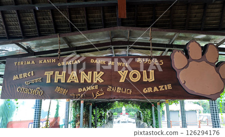 Multilingual Thank You Sign with Paw Print Decor in Rustic Bamboo Canopy at Outdoor Venue 126294176