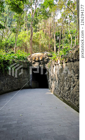 Portrait of Entrance to an Ancient Stone Carved Passage Surrounded by Greenery in a Forest Setting 126294177