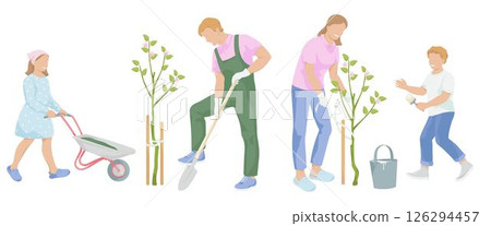Family working in the garden. Man with a shovel digs on, women ties the apple saplings to a wooden peg, girl with garden wheelbarrow, Boy with brush for whitewashing apple tree. 126294457