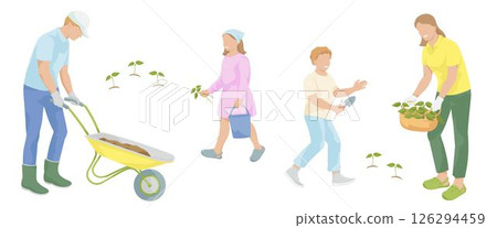 Family gardening. Man with garden wheelbarrow, women with plants, boy with hand shovel, girl with bucket Family gardening. Man with garden wheelbarrow, women with plants, boy with hand shovel, girl with bucket 126294459
