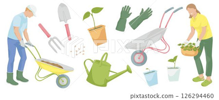man with garden wheelbarrow, women with plants, gardening tools - protective gloves, wheelbarrow, watering can, Hand garden trowel, Hand garden fork 126294460