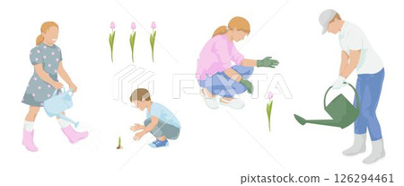 Family working in flower garden, woman in work clothes  squatting to gardening, Man  watering with watering can, Girl with a watering can, boy gardening flower sprout 126294461
