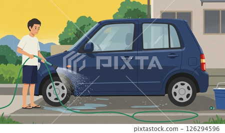 在家洗車:男人向汽車噴水 在家洗車:男人向汽車噴水 126294596