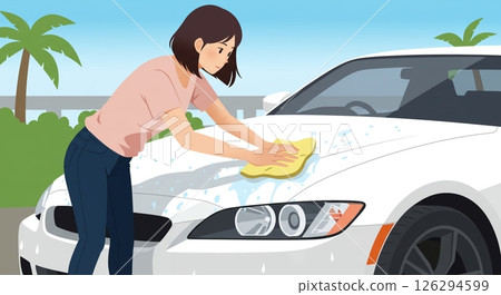 Sunny day: A woman hand-washing her car Sunny day: A woman hand-washing her car 126294599