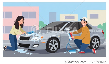 Car Washing in Collaboration: Streetscape and Couple 126294604