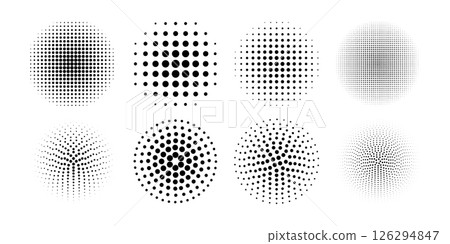 Set of dotted circles with halftone fade effect. Round shapes with polka dot pattern isolated on white background. Circular design elements with spotted texture. Vector graphic illustration Set of dotted circles with halftone fade effect. Round shapes with polka dot pattern isolated on white background. Circular design elements with spotted texture. Vector graphic illustration 126294847