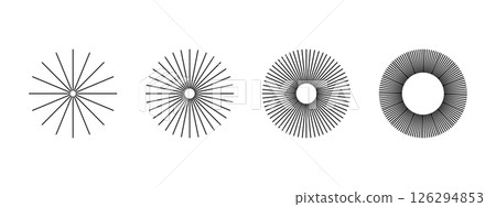 Straight radial lines in round shapes. Fireworks icons. Sun rays pictograms. Sunbeam signs. Radiance, energy or explosion symbols isolated on white background. Vector graphic illustration 126294853