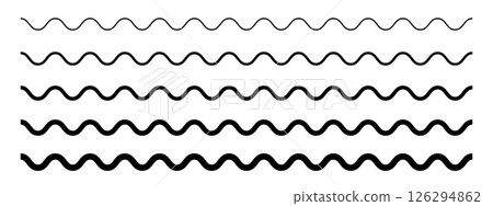 Set of horizontal wavy lines of different thickness. Undulate dividers. Water, fluid, air or wind symbols. River, sea, lake or ocean signs isolated on white background. Vector outline illustration 126294862