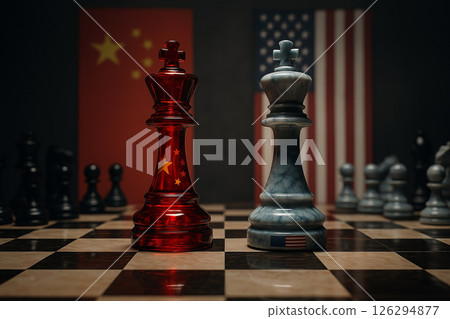 Strategic chess metaphor showing China and USA kings facing off on a chessboard, symbolizing geopolitical rivalry and power dynamics between two global superpowers Strategic chess metaphor showing China and USA kings facing off on a chessboard, symbolizing geopolitical rivalry and power dynamics between two global superpowers 126294877