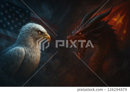 Dramatic face-off between eagle and dragon with USA and China flags, metaphorically portraying political rivalry and tension in international relations Dramatic face-off between eagle and dragon with USA and China flags, metaphorically portraying political rivalry and tension in international relations 126294879