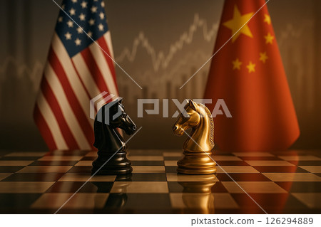 USA and China economic strategies portrayed with chess knights, national flags, and trading candlestick graphs in the background 126294889