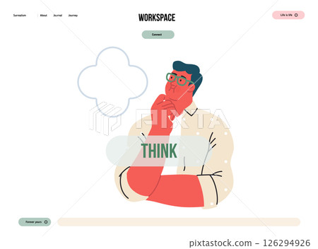 Thinking people, modern flat vector concept illustration- man standing thoughtfully, looking upwards, bubble near his head Metaphor for reflection, analysis, introspection, contemplation, deep thought 126294926