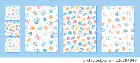 Seamless marine pattern set in flat, cartoon graphic style. Underwater life features shells, fish, reef, and ocean elements. Perfect for aquatic backgrounds, summer designs, and decorative textures. 126294949