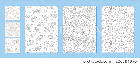 Underwater marine seamless pattern set with cartoon fish and aquatic elements. Ocean doodle outline background, featuring a variety of aquatic creatures. Ideal for playful themes and marine designs. 126294950