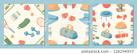 Seamless pattern of gym equipment in flat style set. A detailed set of fitness and workout tools, creating a unique exercise background. Perfect for athlete themes and sport lifestyle designs. Seamless pattern of gym equipment in flat style set. A detailed set of fitness and workout tools, creating a unique exercise background. Perfect for athlete themes and sport lifestyle designs. 126294957