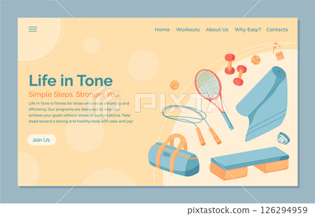 Colorful minimal fitness equipment banner design. Includes yoga gear, racket, and workout tools for dynamic activities. Perfect for gym backgrounds, promoting health, sport, and fitness lifestyle Colorful minimal fitness equipment banner design. Includes yoga gear, racket, and workout tools for dynamic activities. Perfect for gym backgrounds, promoting health, sport, and fitness lifestyle 126294959