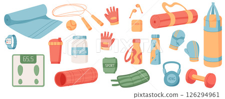Flat sport equipment set background. Gym accessories including dumbbell, kettlebell, mat, and other training tools. Fitness and workout gear for healthy lifestyle exercise routines. Professional, Flat sport equipment set background. Gym accessories including dumbbell, kettlebell, mat, and other training tools. Fitness and workout gear for healthy lifestyle exercise routines. Professional, 126294961
