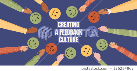 Cartoon feedback banner with hands and smileys. Review and satisfaction concept with customers holding scores. Communication evaluation layout, creative survey for business use. Cartoon feedback banner with hands and smileys. Review and satisfaction concept with customers holding scores. Communication evaluation layout, creative survey for business use. 126294962