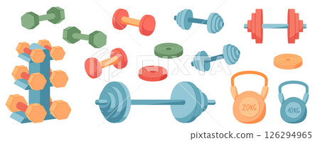 Colorful flat sport equipment set with dumbbells, kettlebells, and barbells. A versatile gym and fitness collection for exercise, workout, training. Designed for energetic routines, strength 126294965
