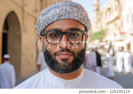 Young middle eastern adult male wearing glasses and traditional headwear outdoors. 126295214