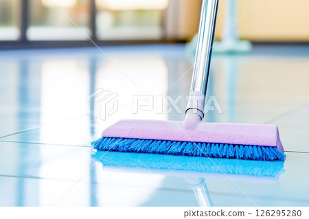 Close up of mop cleaning shiny tile floor in modern home interior. 126295280