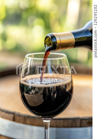 Red wine pouring into glass outdoors with barrel background close up. 126295282
