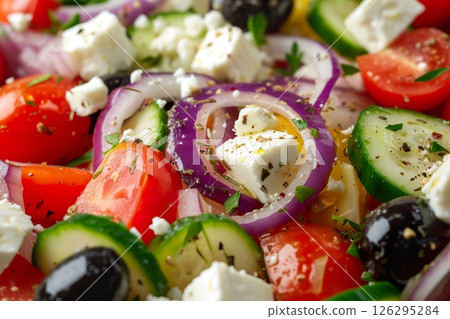 Fresh greek salad with feta, olives, and crisp vegetables. 126295284