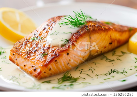 Grilled salmon fillet with lemon butter and fresh dill garnish. 126295285