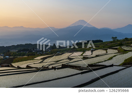 Mount Fuji at dawn from the rice terraces of Nakano, Minami-Alps City 126295666