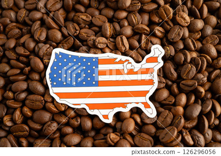 US flag on coffee beans, shopping online for export or import food product. US flag on coffee beans, shopping online for export or import food product. 126296056