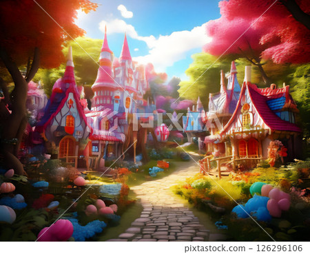 A fantastical medieval townscape with rows of candy houses in the middle of a forest. A fairy tale world. 126296106