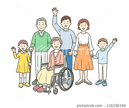A full-body illustration of a three-generation family assisting a wheelchair-bound grandmother 126296166