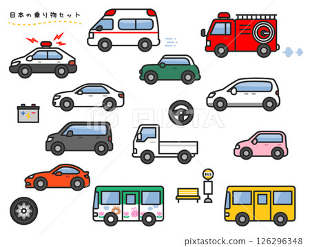 Simple and cute Japanese car illustration set (passenger cars, buses, police cars, etc.) 126296348
