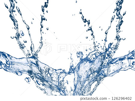 白色背景上抽象藍色波浪和飛濺的 3D 插圖 126296402