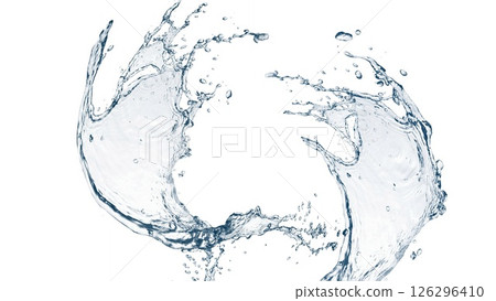 白色背景上抽象藍色波浪和飛濺的 3D 插圖 126296410
