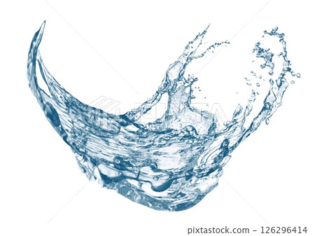 白色背景上抽象藍色波浪和飛濺的 3D 插圖 白色背景上抽象藍色波浪和飛濺的 3D 插圖 126296414