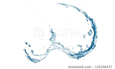白色背景上抽象藍色波浪和飛濺的 3D 插圖 126296457
