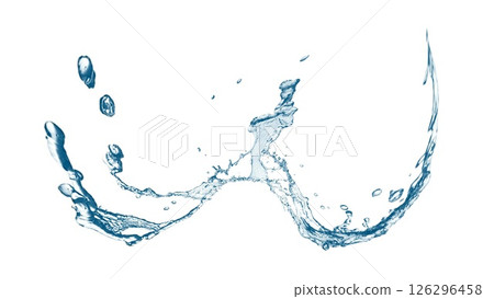 白色背景上抽象藍色波浪和飛濺的 3D 插圖 126296458