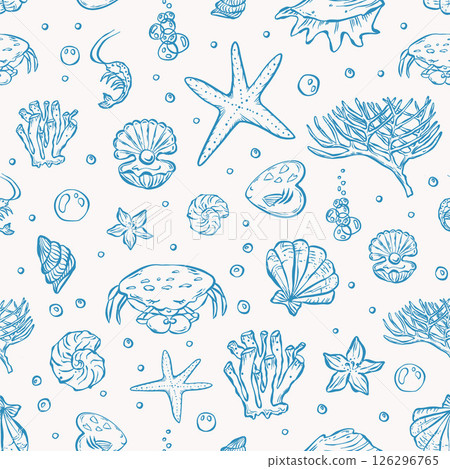 Hand drawn nautical pattern in blue. Shells, corals, crab, fish in a repeating seamless pattern with sea life. Hand drawn nautical pattern in blue. Shells, corals, crab, fish in a repeating seamless pattern with sea life. 126296765